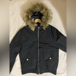 H&M Black Bomber Jacket w/ Fur Hood size medium